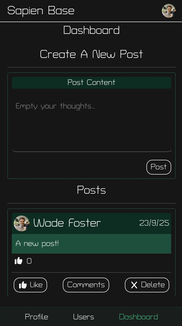Sapien-Base User Dashbord on Mobile Device